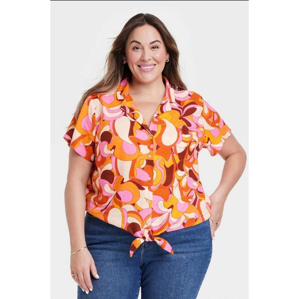 Ava & Viv Multicolor Paisley Boho Tie Button Short Sleeve Shirt Hippie 3x (N13)